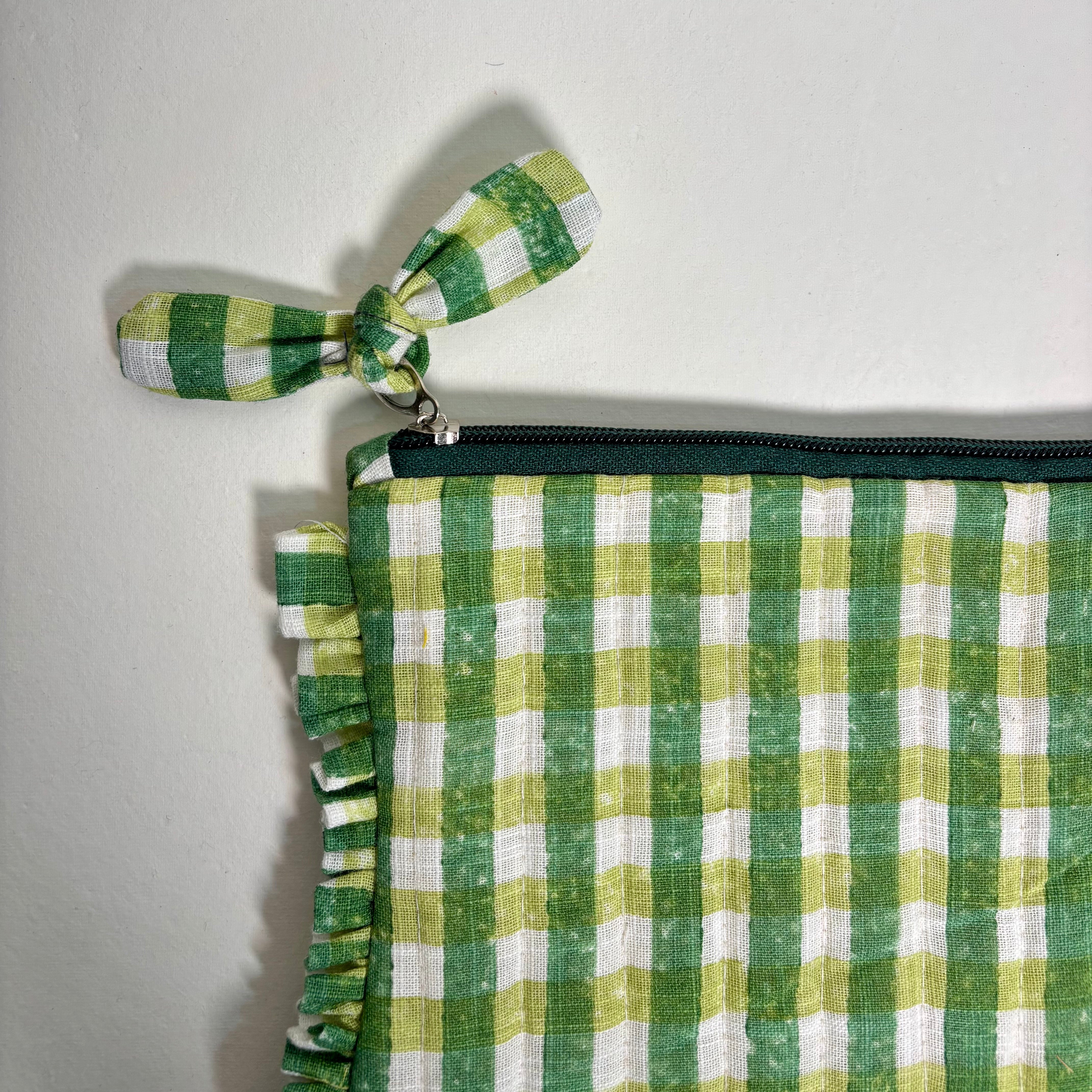 Sustainable Quilted Cotton Pouch, Green Checks - 8 x 5 Inches (Set of 2)
