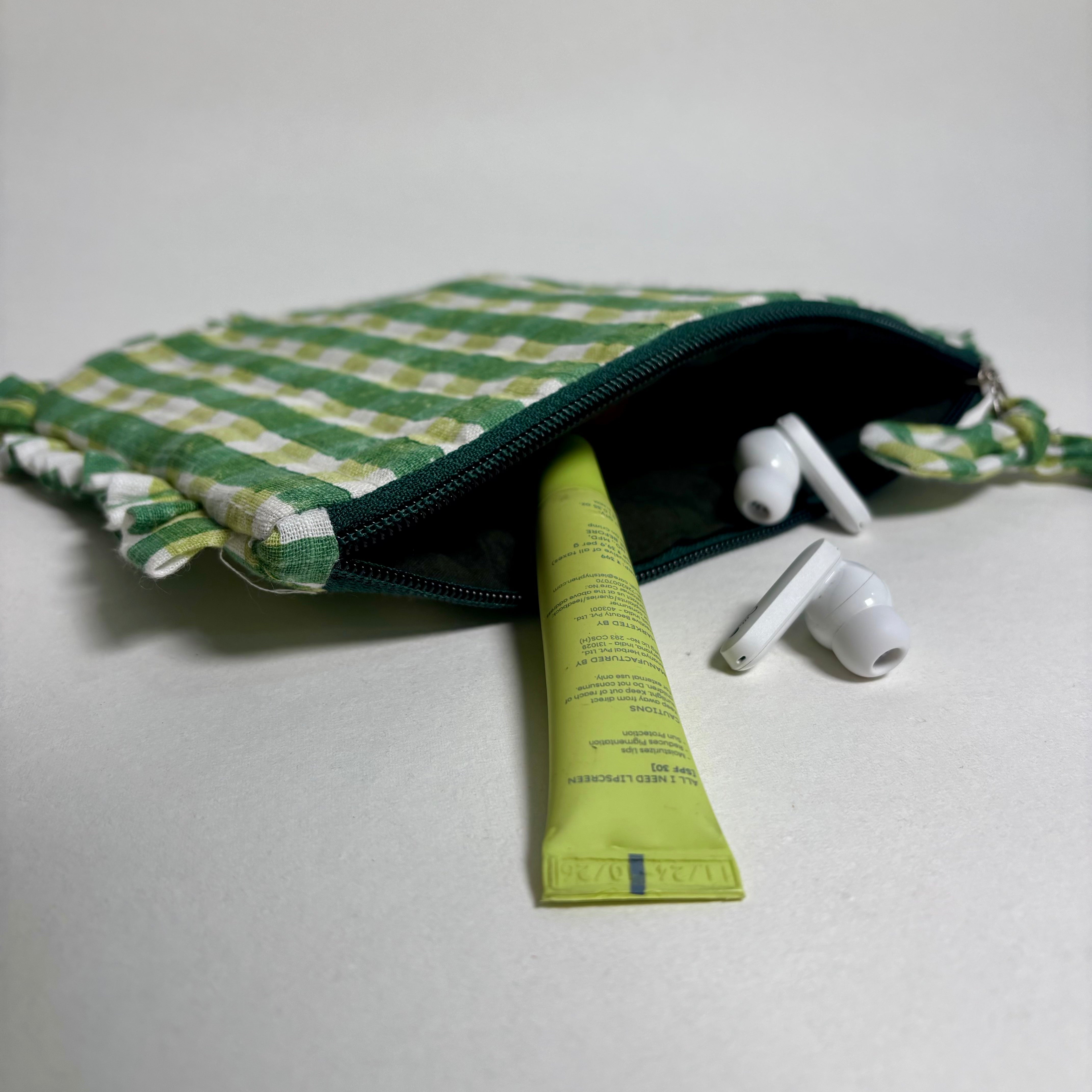 Sustainable Quilted Cotton Pouch, Green Checks - 8 x 5 Inches (Set of 2)