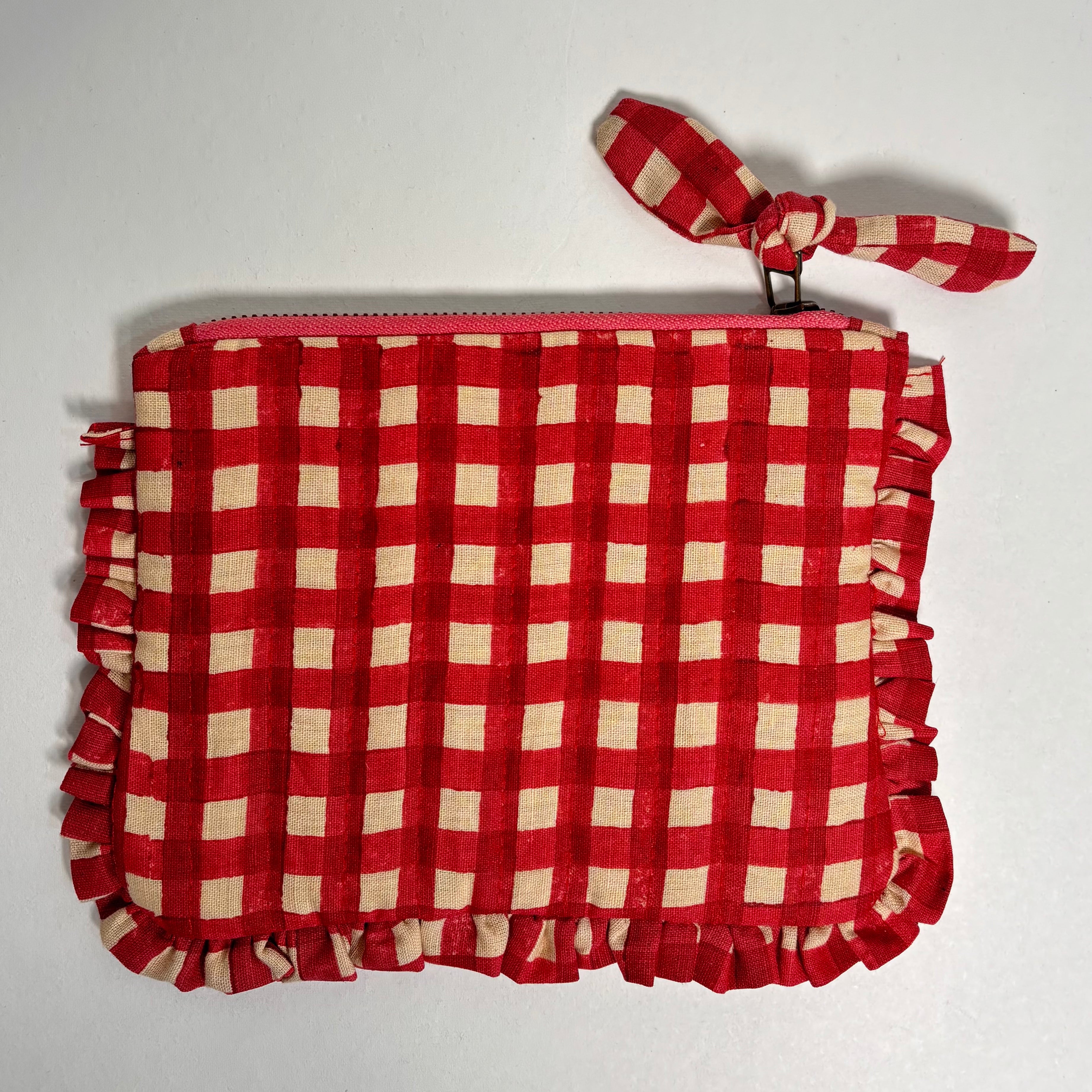 Sustainable Quilted Cotton Pouch, Red Checks - 8 x 5 Inches (Set of 2)