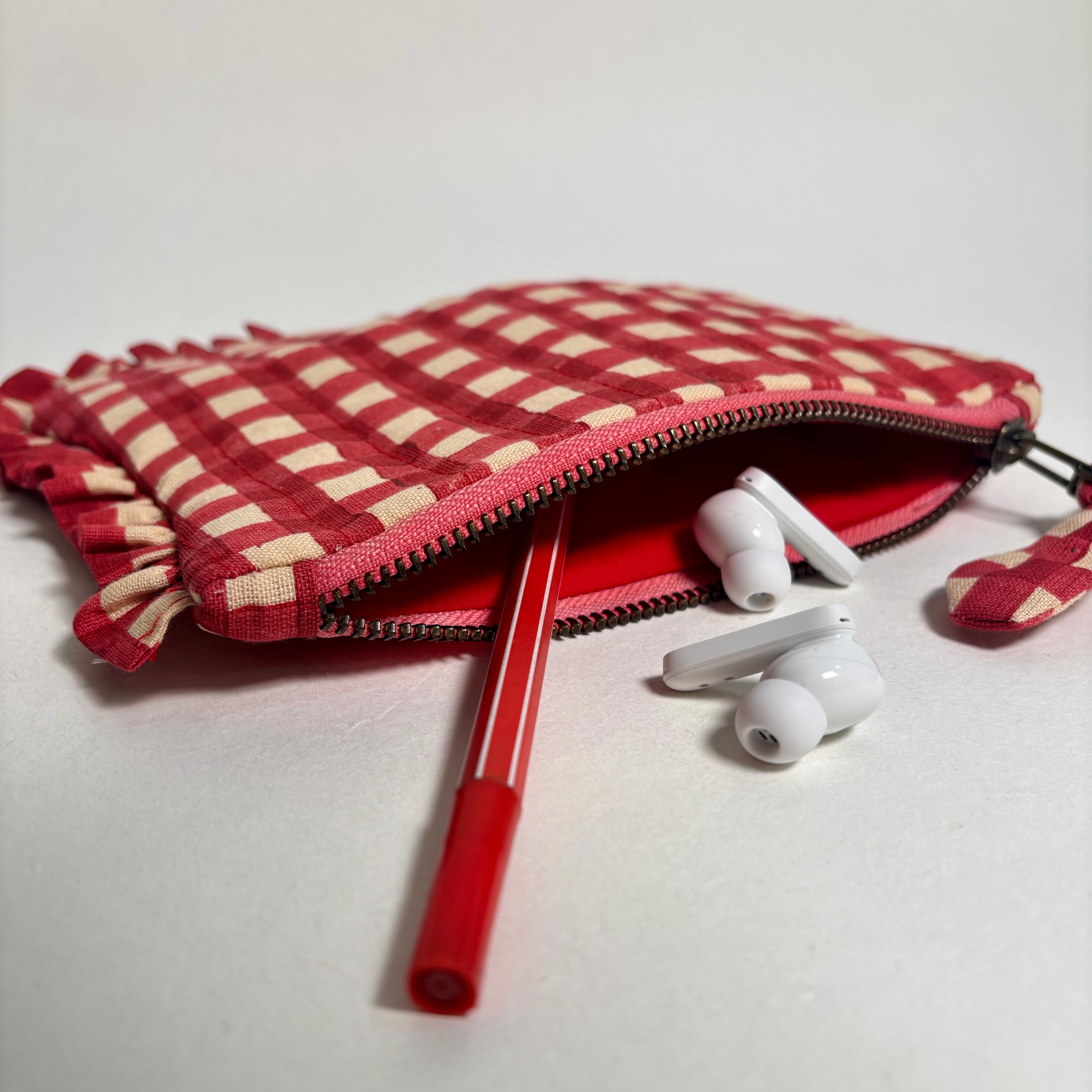 Sustainable Quilted Cotton Pouch, Red Checks - 8 x 5 Inches (Set of 2)