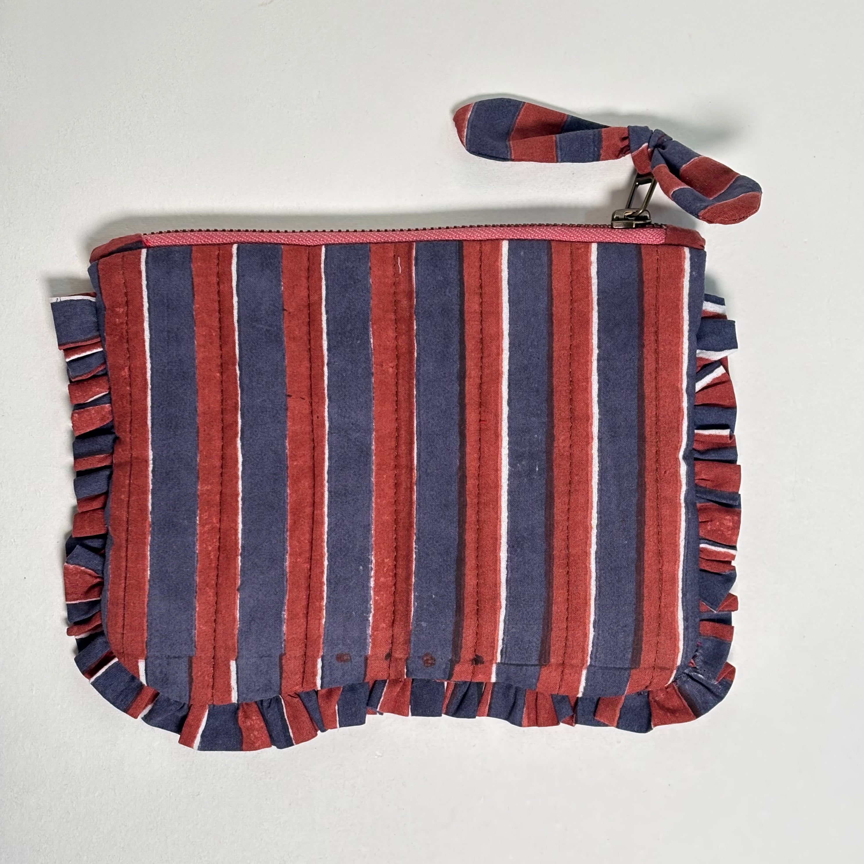 Sustainable Quilted Cotton Pouch, Navy Blue & Red Stripes - 8x5 Inches (Set of 2)