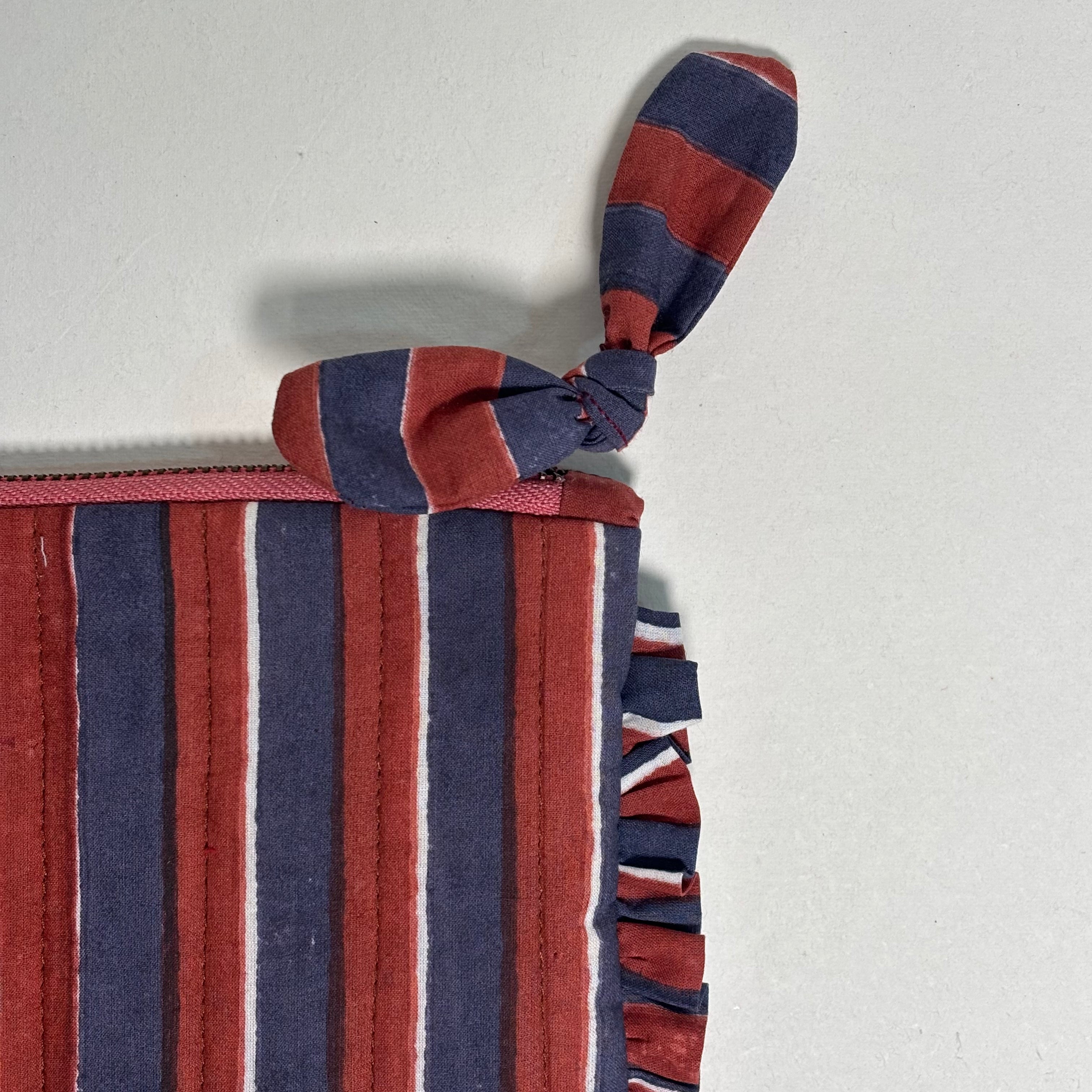 Sustainable Quilted Cotton Pouch, Navy Blue & Red Stripes - 8x5 Inches (Set of 2)