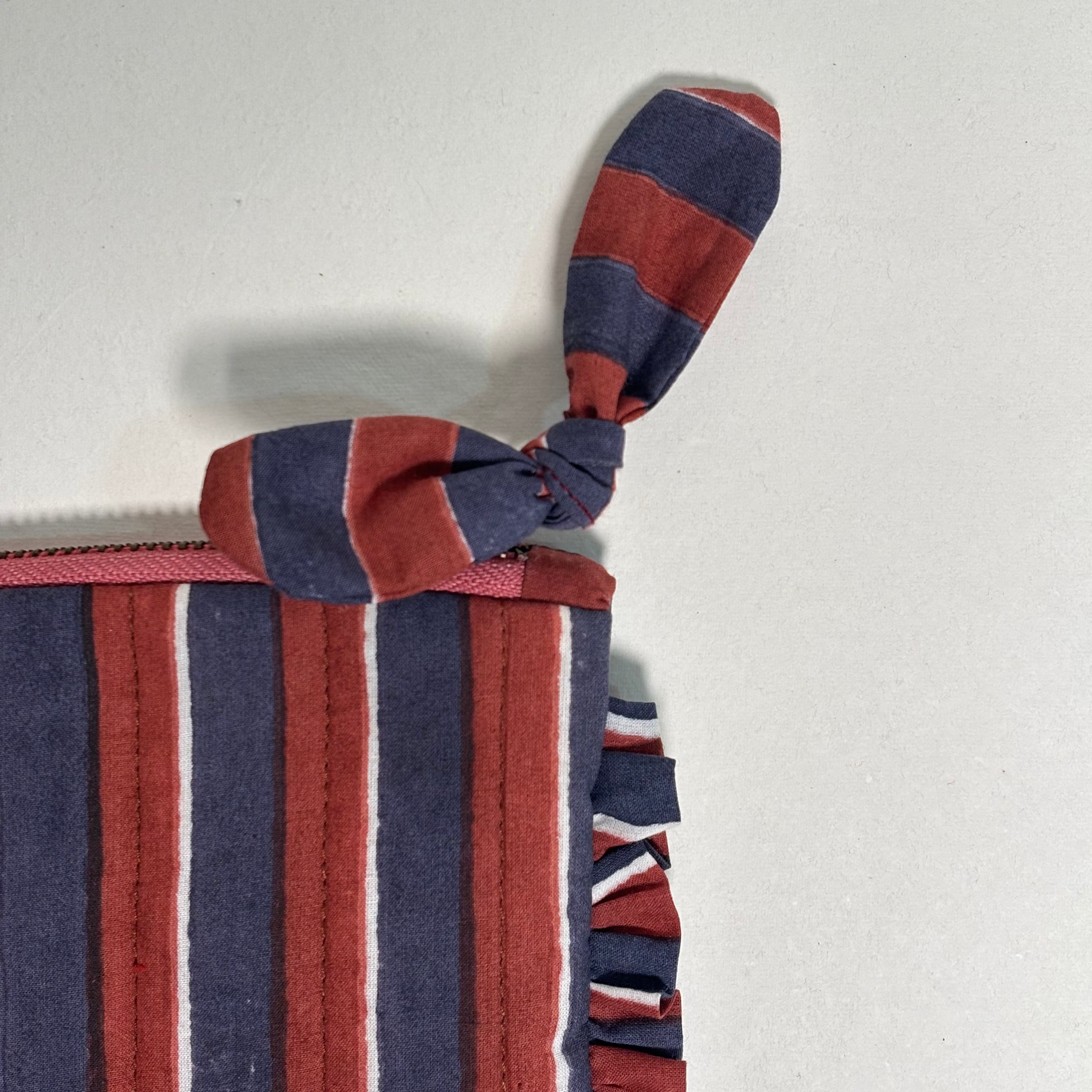 Sustainable Quilted Cotton Pouch, Navy Blue & Red Stripes - 8x5 Inches (Set of 2)