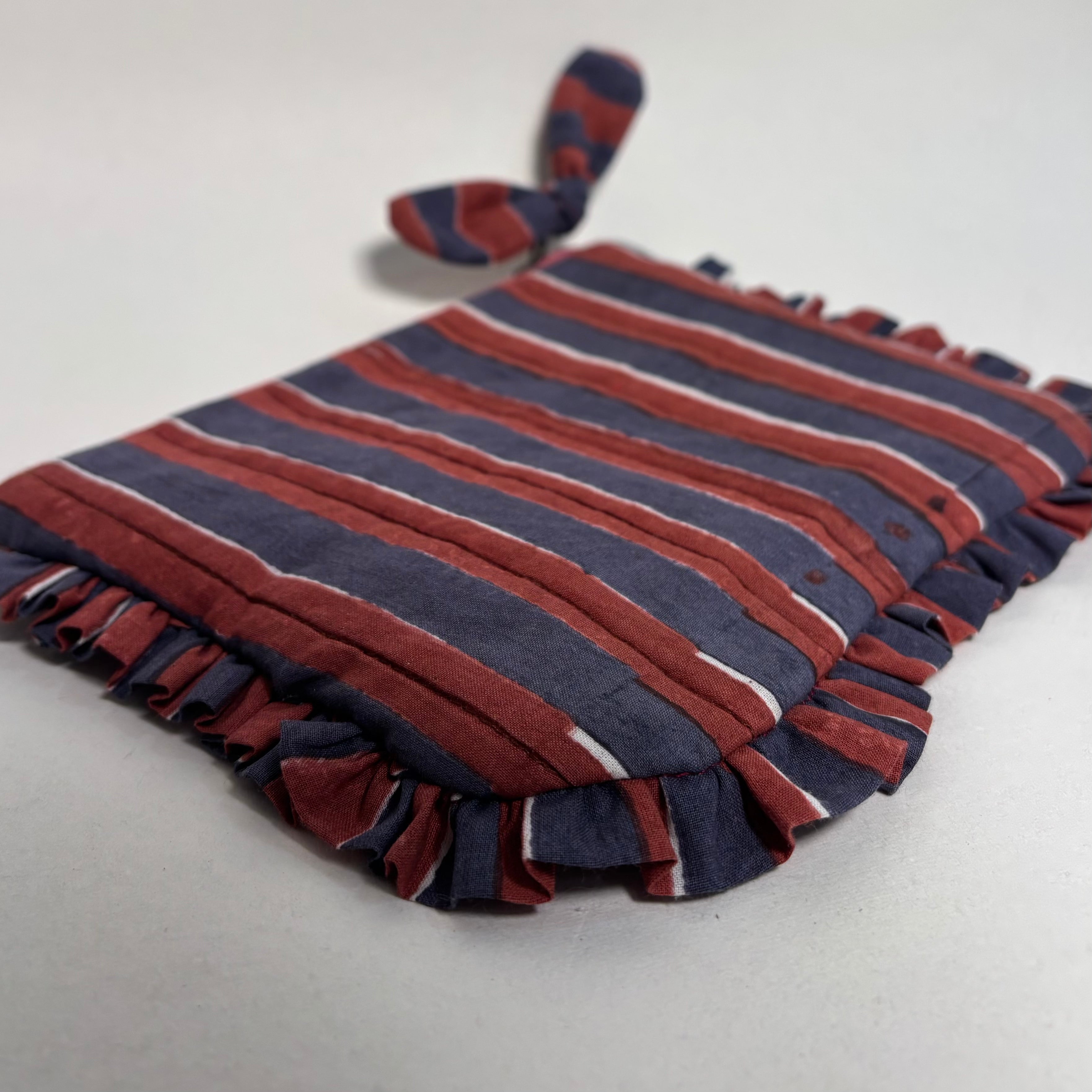 Sustainable Quilted Cotton Pouch, Navy Blue & Red Stripes - 8x5 Inches (Set of 2)