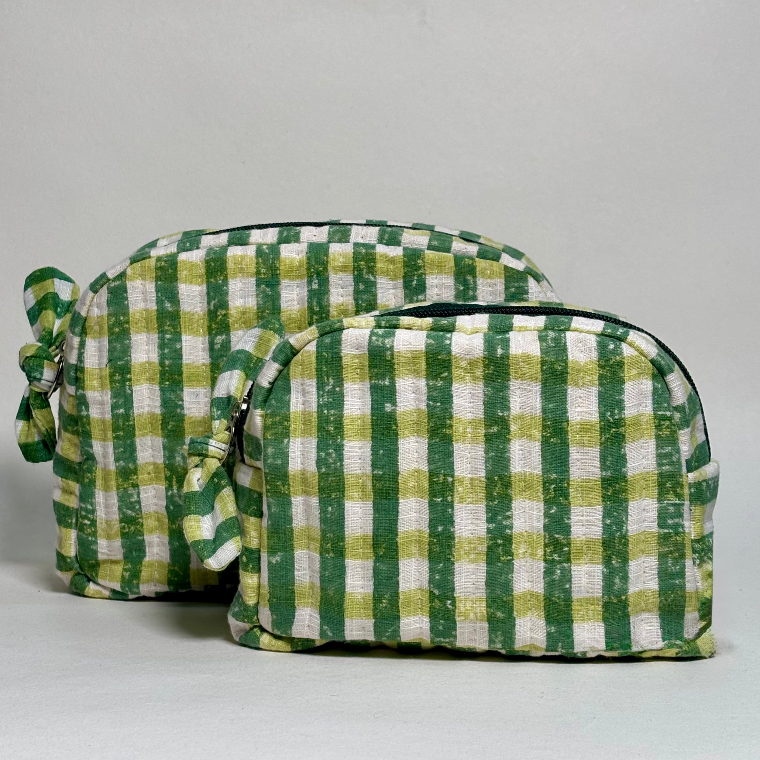 Sustainable Quilted Cotton Pouch, Green Checks - 6 x 4.5 Inches (Set of 2)