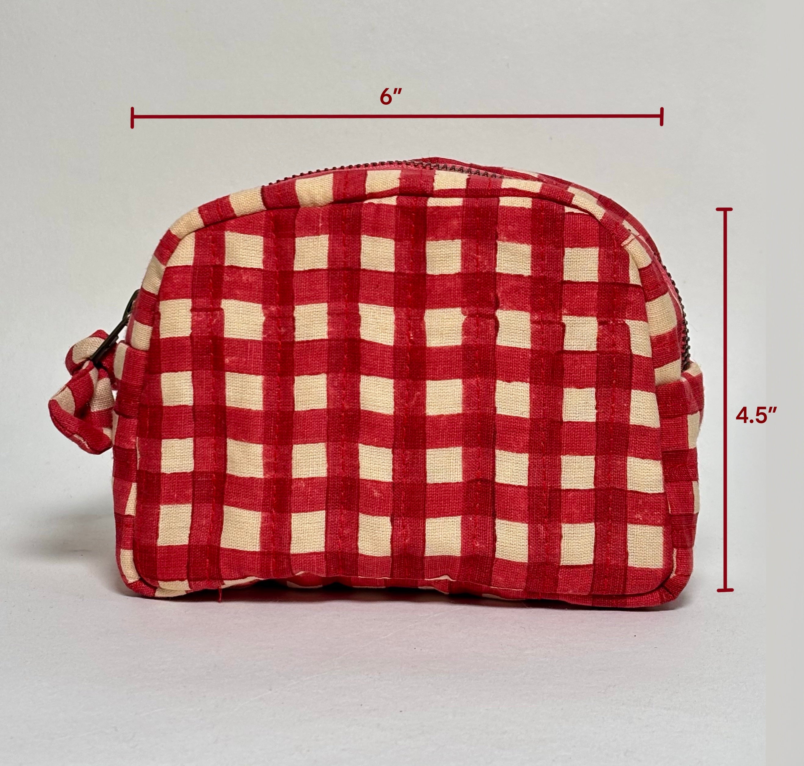 Sustainable Quilted Cotton Pouch, Red Checks - 6 x 4.5 Inches (Set of 2)