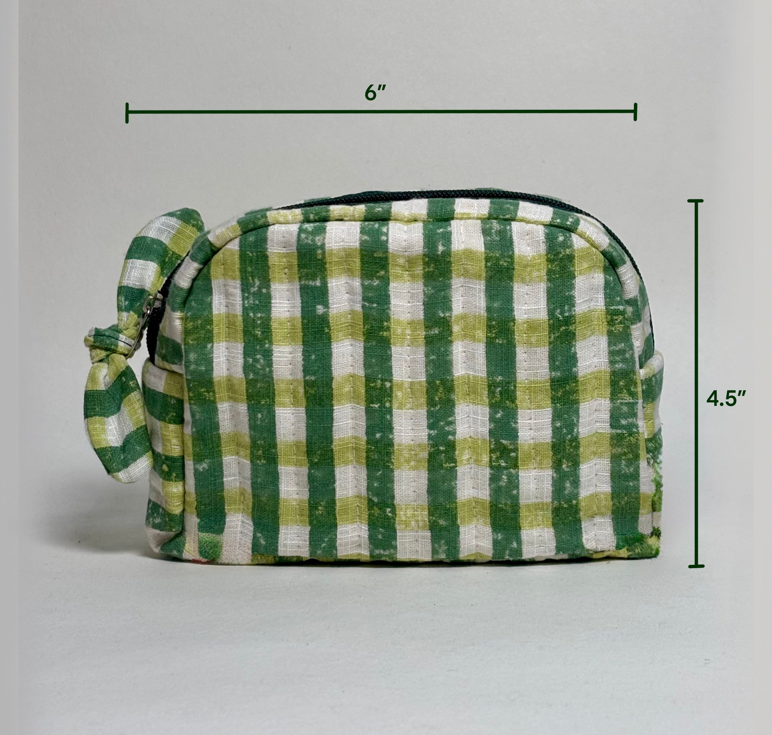 Sustainable Quilted Cotton Pouch, Green Checks - 6 x 4.5 Inches (Set of 2)