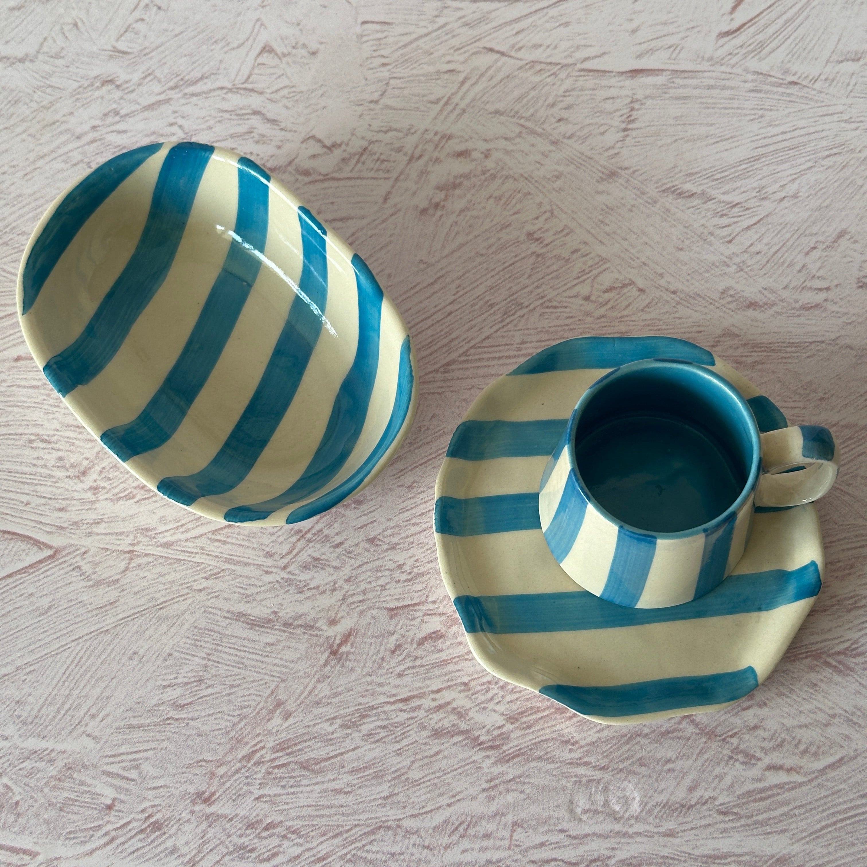 Ceramic stripe Bowl, Aqua 7x5x2 Inches (Set of 4)