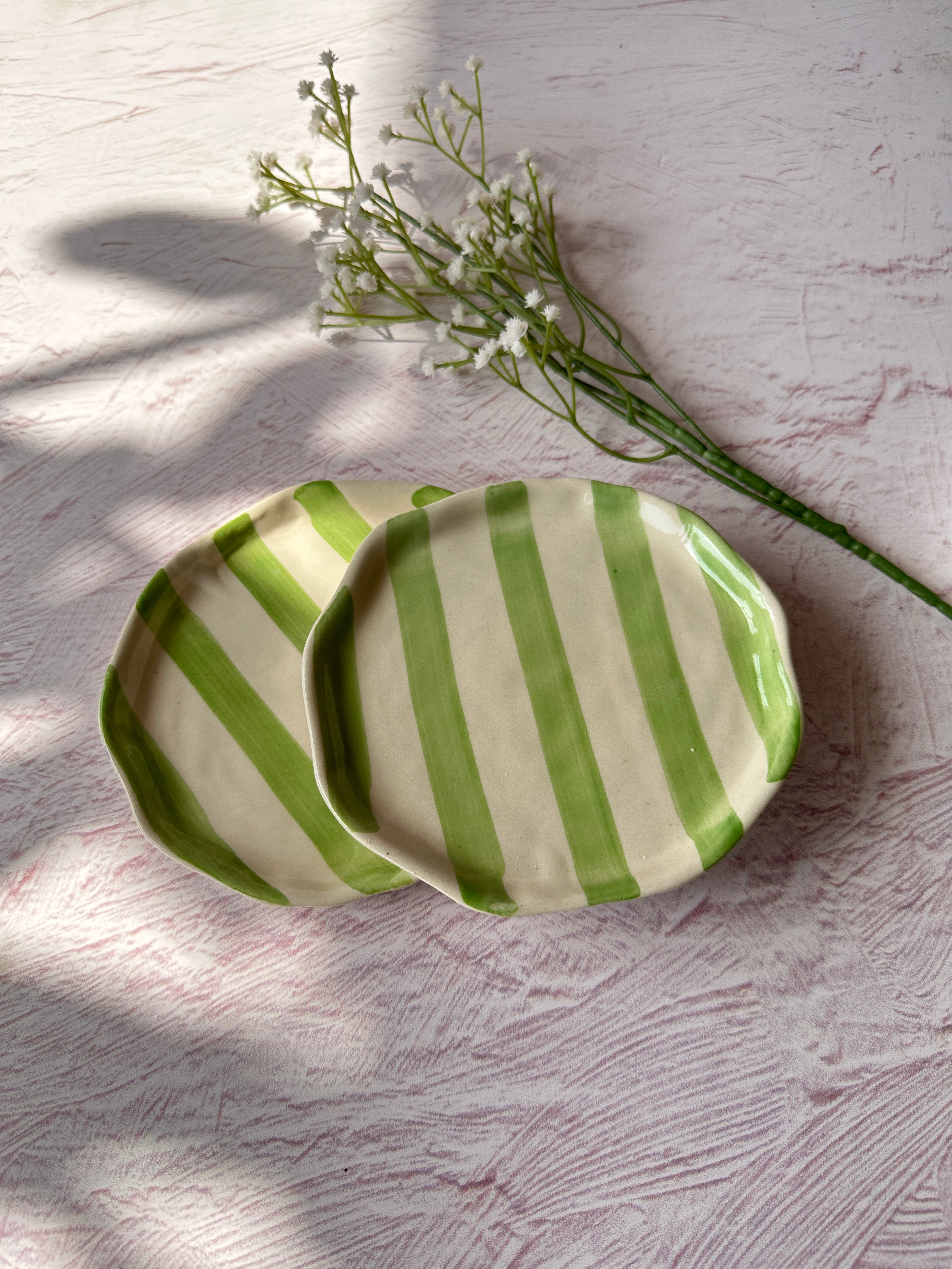 Ceramic Green stripe plate, 6.3x6.3 Inches (Set of 4)