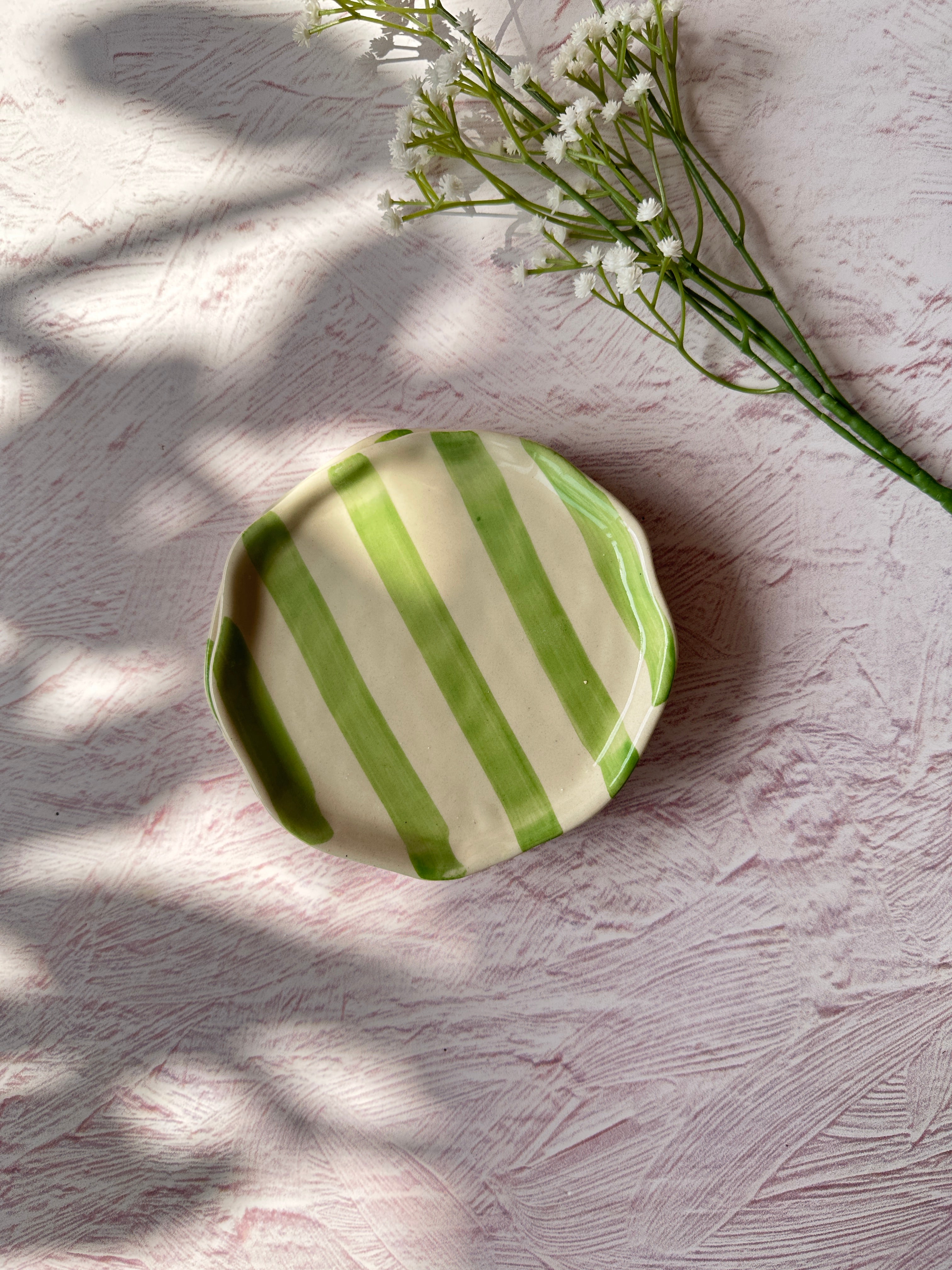 Ceramic Green stripe plate, 6.3x6.3 Inches (Set of 4)