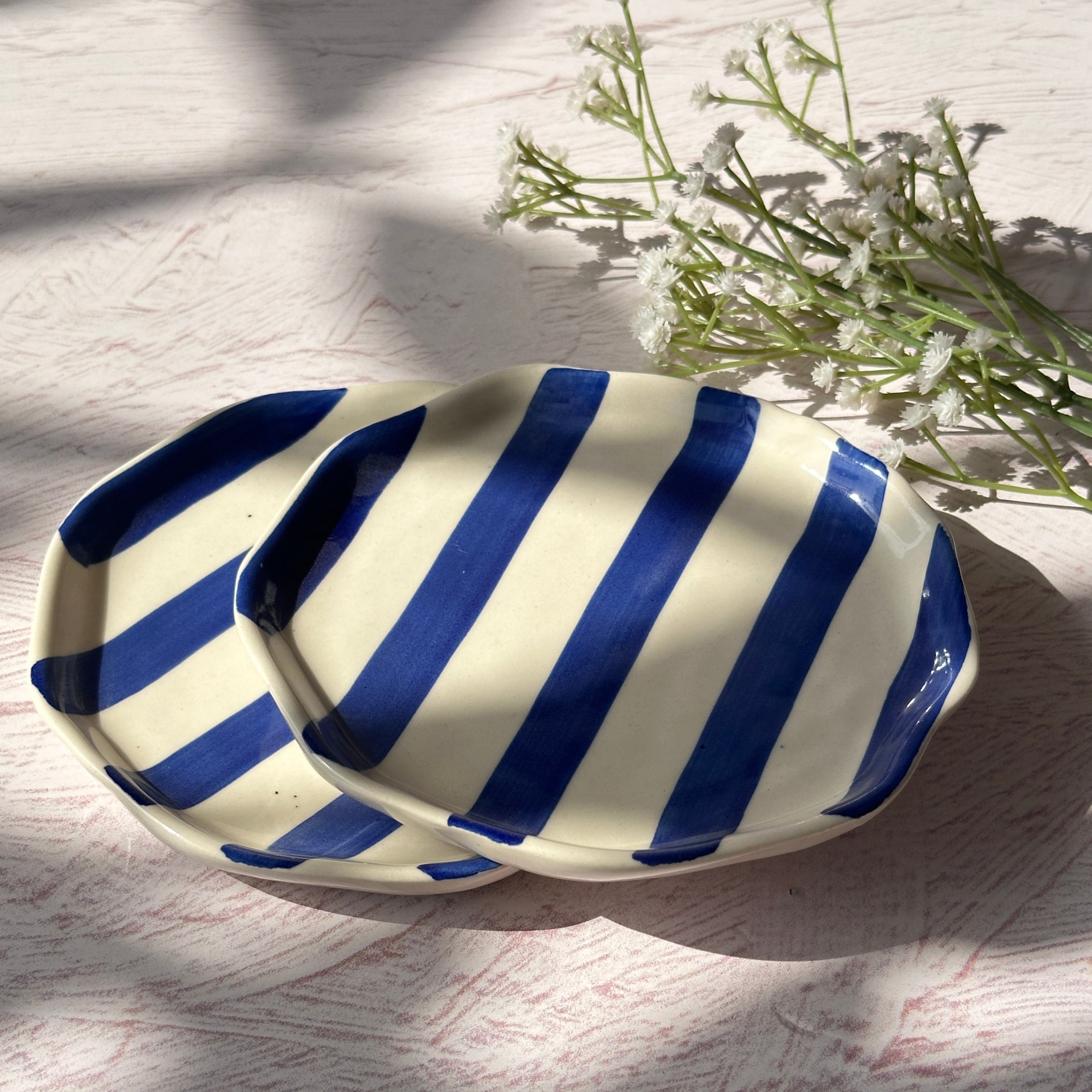 Ceramic Blue stripe plate, 6.3x6.3 Inches (Set of 4)