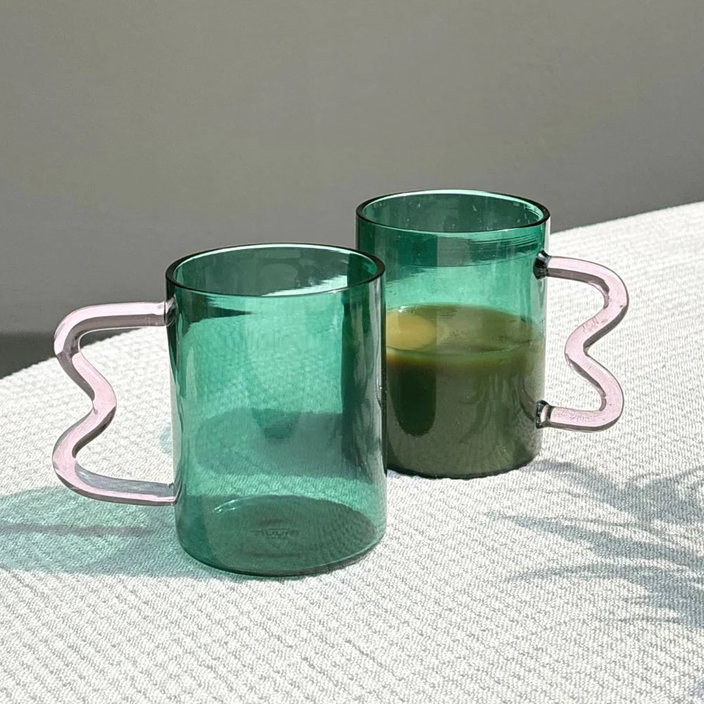 Swirl Glass Cups-Teal cup pink handle, 2.75x3.75 Inches (SET OF 4)