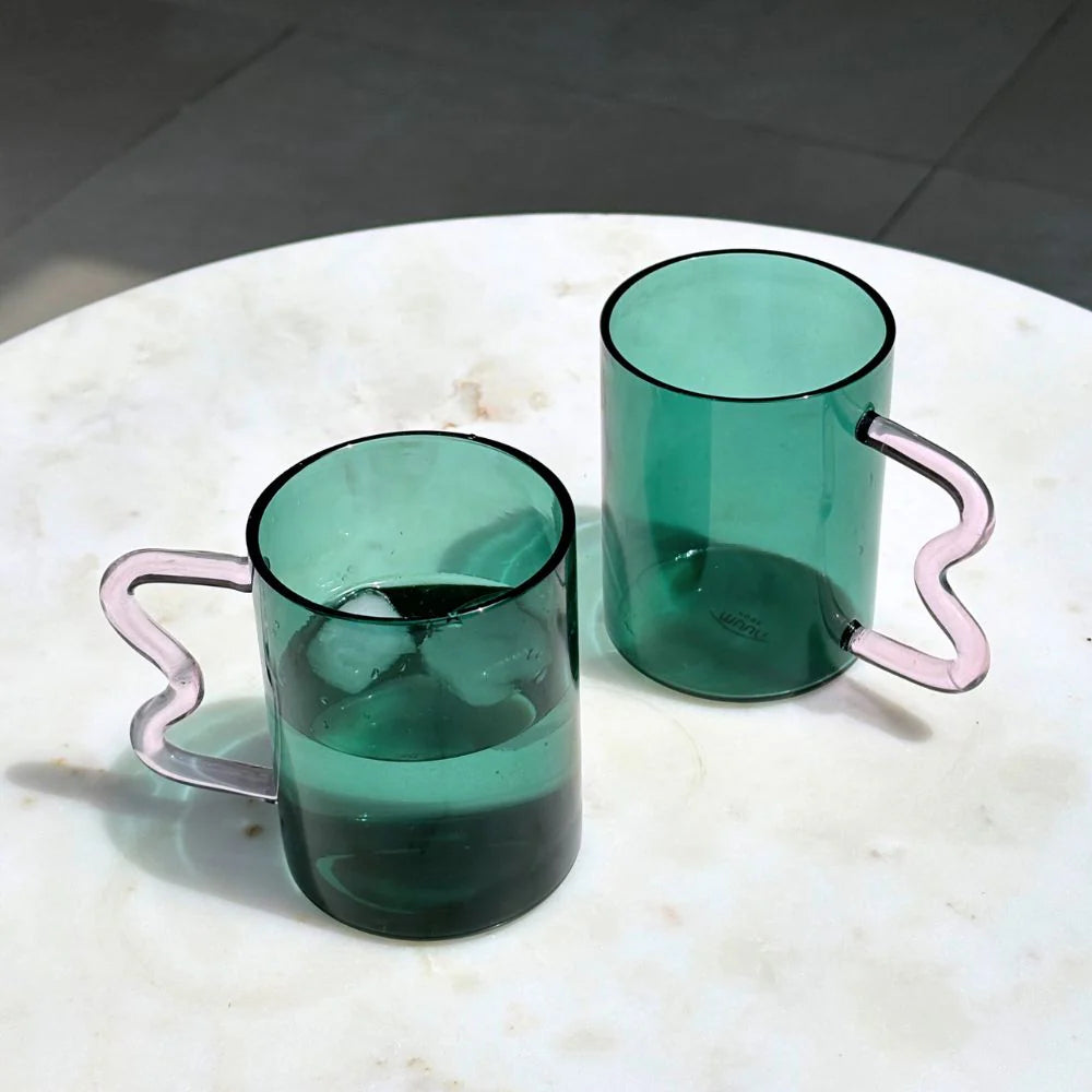 Swirl Glass Cups-Teal cup pink handle, 2.75x3.75 Inches (SET OF 4)