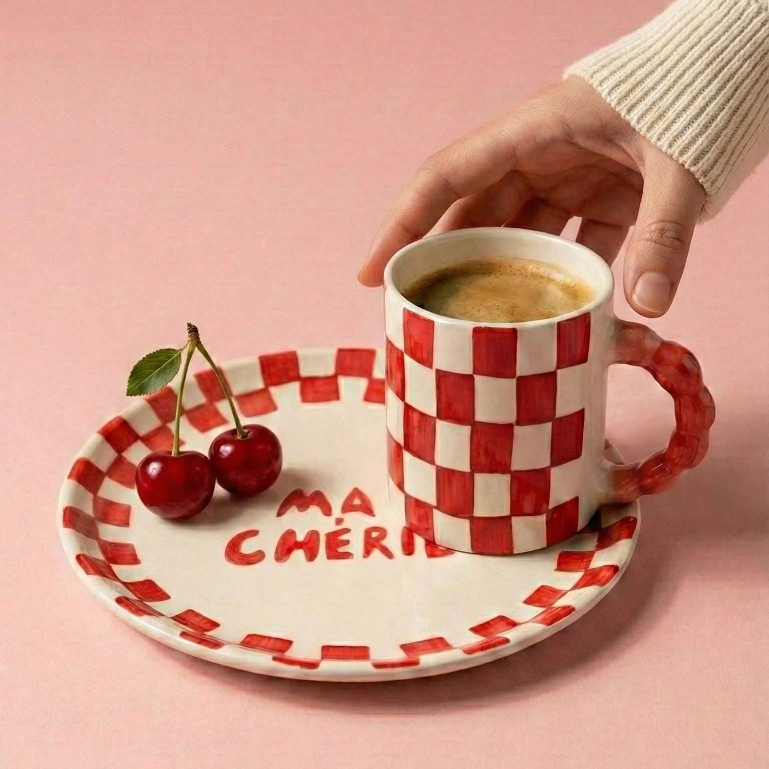 Red Checkered Ceramic Breakfast Set - Coffee Cup & Side Plate (Set of 2)