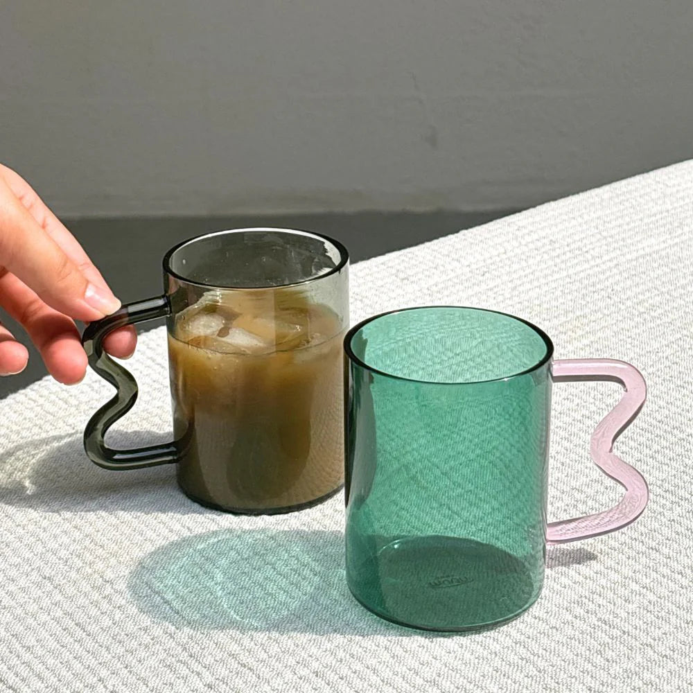 Swirl Glass Cups-Teal cup pink handle, 2.75x3.75 Inches (SET OF 4)