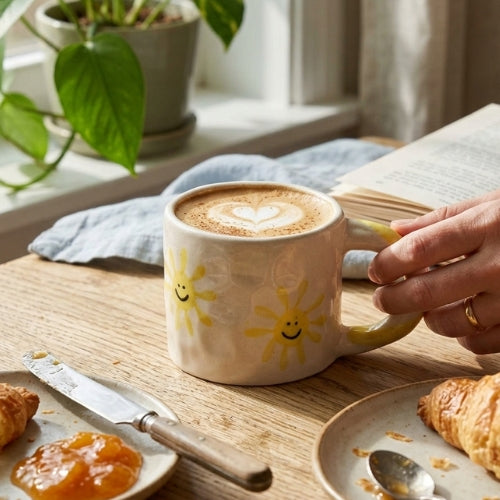 Handcrafted Yellow Sun Ceramic Mug - 2.5 x 3 Inches - Set of 4