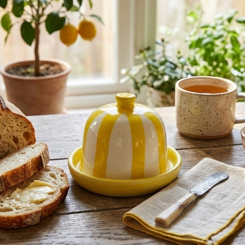Ceramic Striped Butter Dish, Yellow - 5 x 5.5 Inches