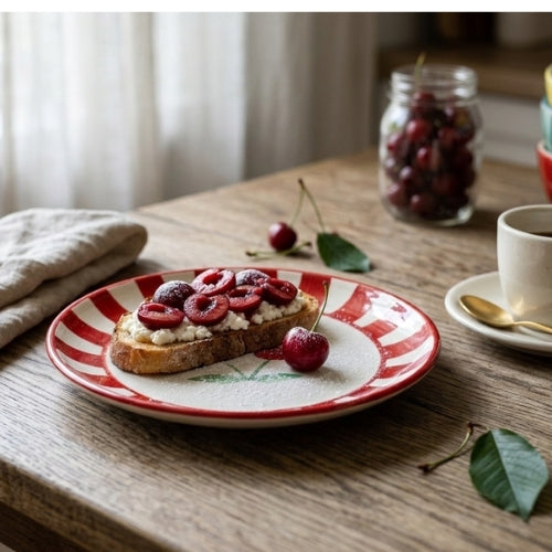 Ceramic Cherry Dessert Plate - Red , 7 Inches - Set of 4