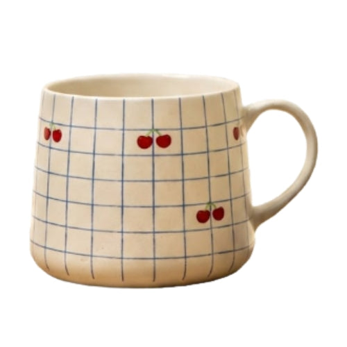 Cherry Checkered Ceramic Mug - 3.5 x 3 Inches , Set of 4