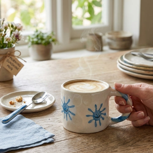 Handcrafted Blue Sun Ceramic Mug - 2.5 x 3 Inches - Set of 4