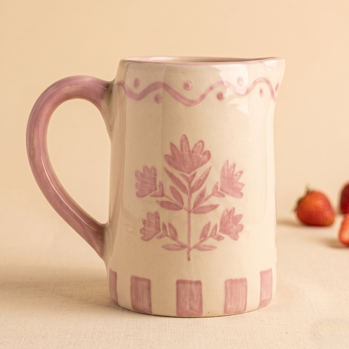 Pink Floral Striped Pitcher | Hand-painted Ceramic | 6 Inch