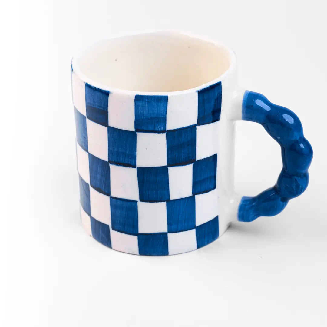 Blue Checkered Ceramic Mug , 3x3x3.5 Inches (Set of 2)