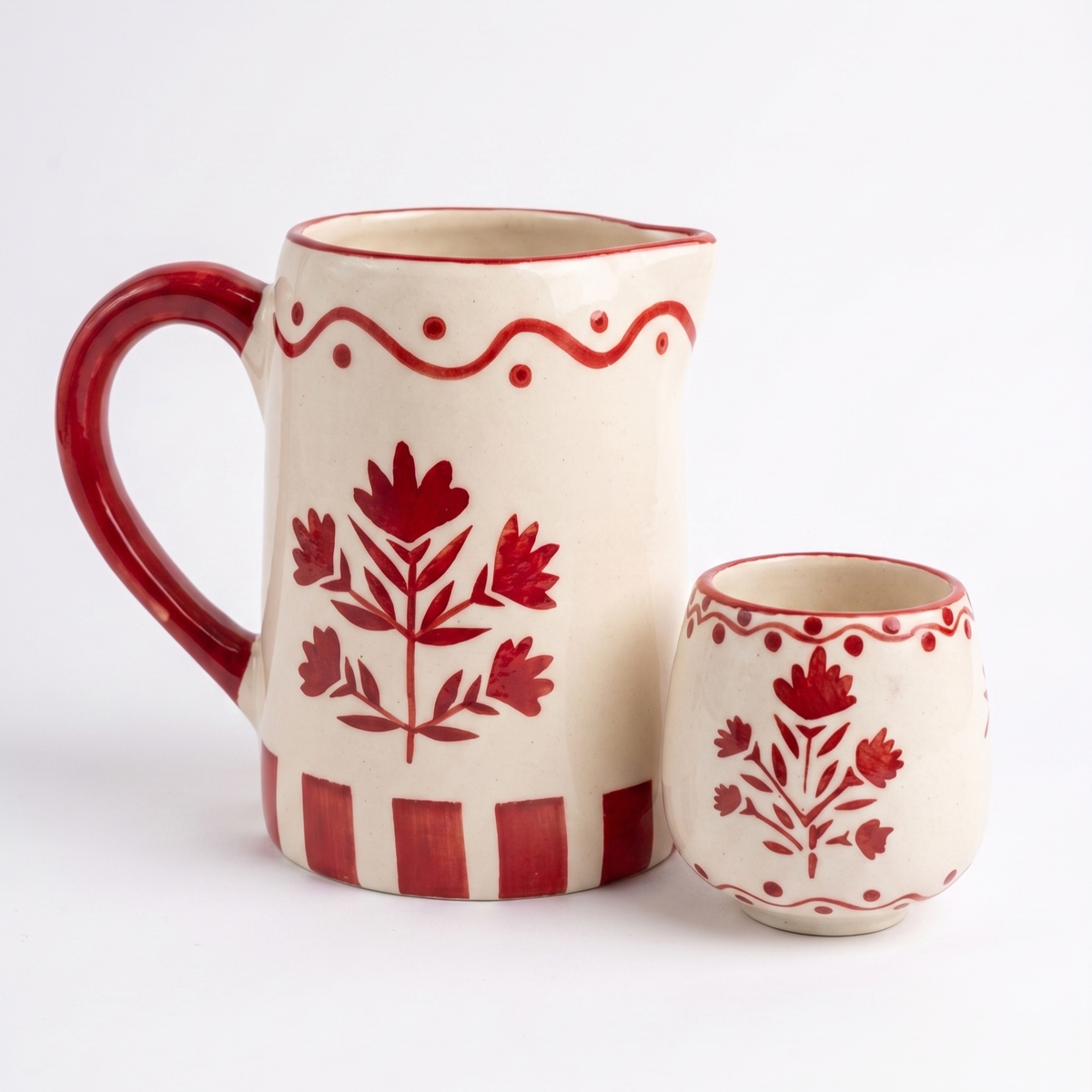 Red Floral Striped Pitcher | Hand-painted Ceramic | 6 Inch