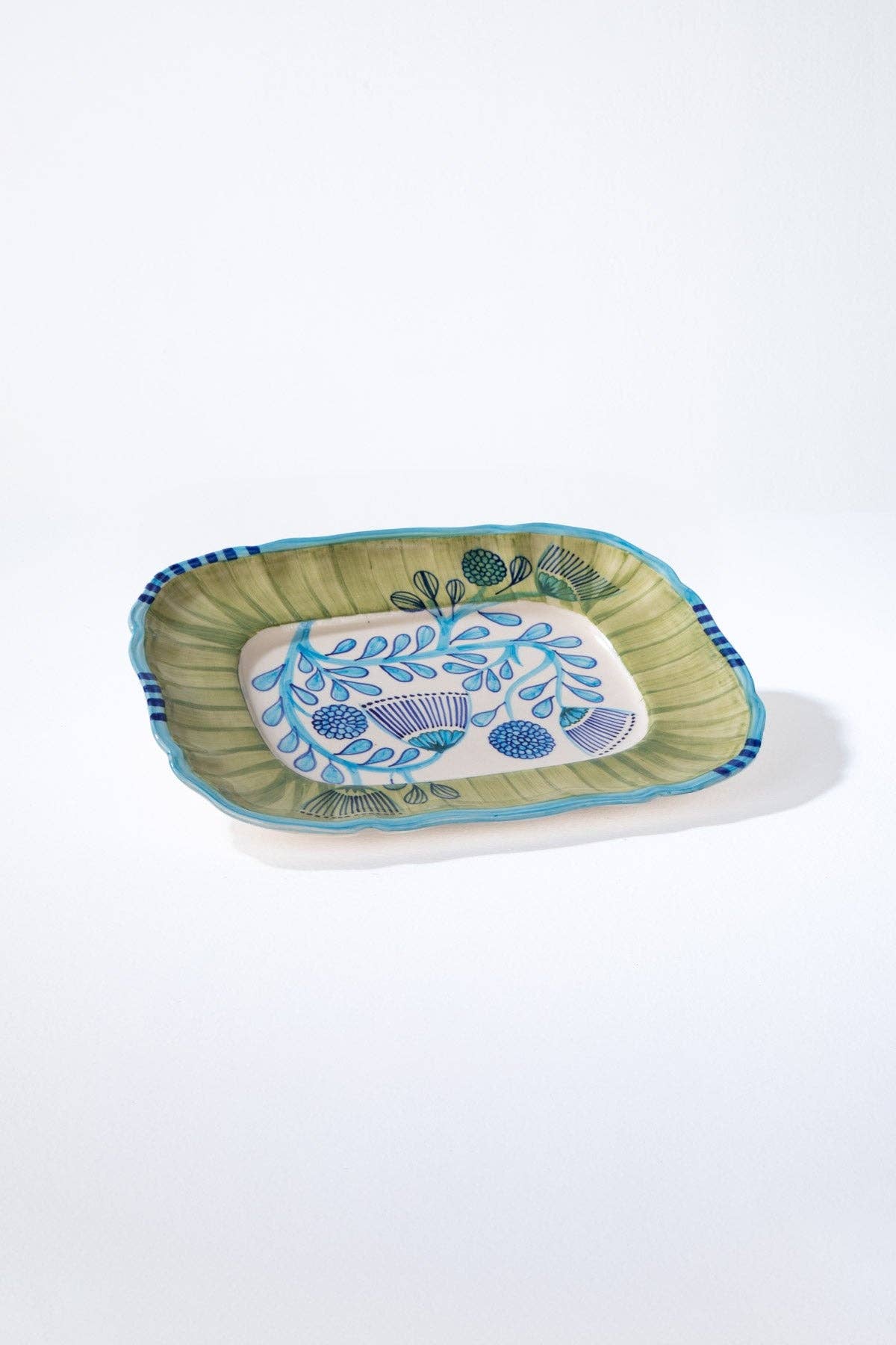 Blue Green Rain Tree Rectangular Platter | Hand-Painted | 13x10 IN