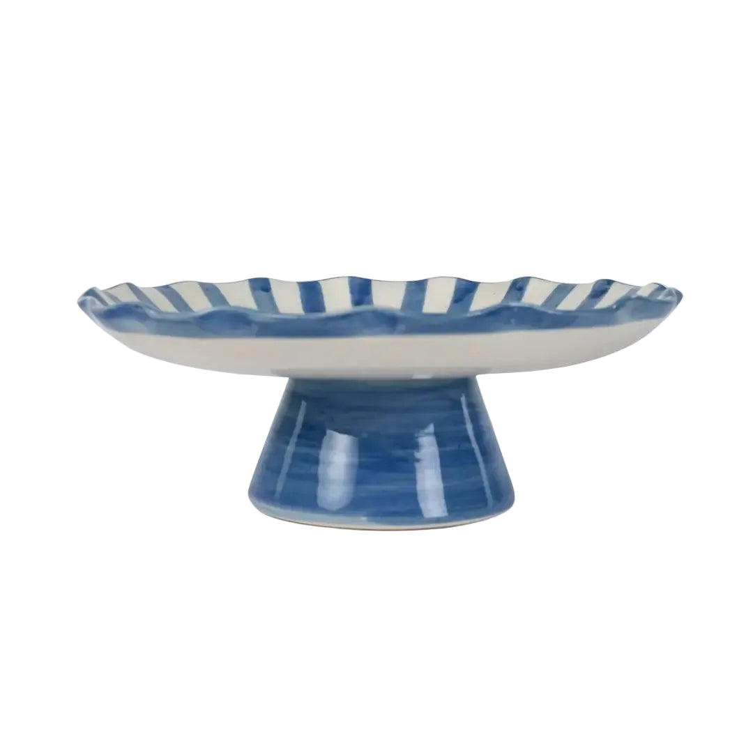Ceramic Stripe Cake Stand, Blue - 10 x 10 x 3.75 Inches