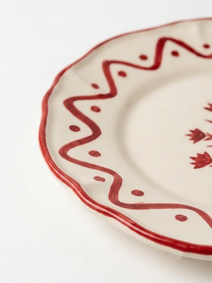 Scalloped Red Floral Snack Plate | Hand-crafted Ceramic | Set Of 2