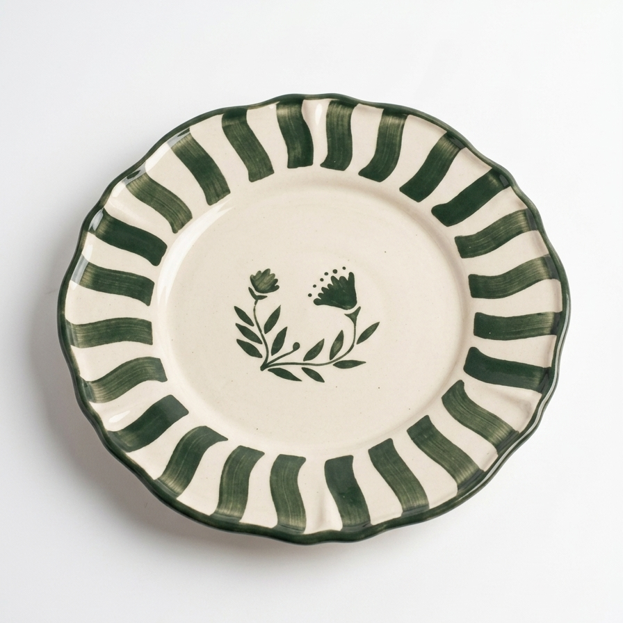 Striped Green Floral Dinner Plate | Hand-crafted Ceramic - Casa Amarosa