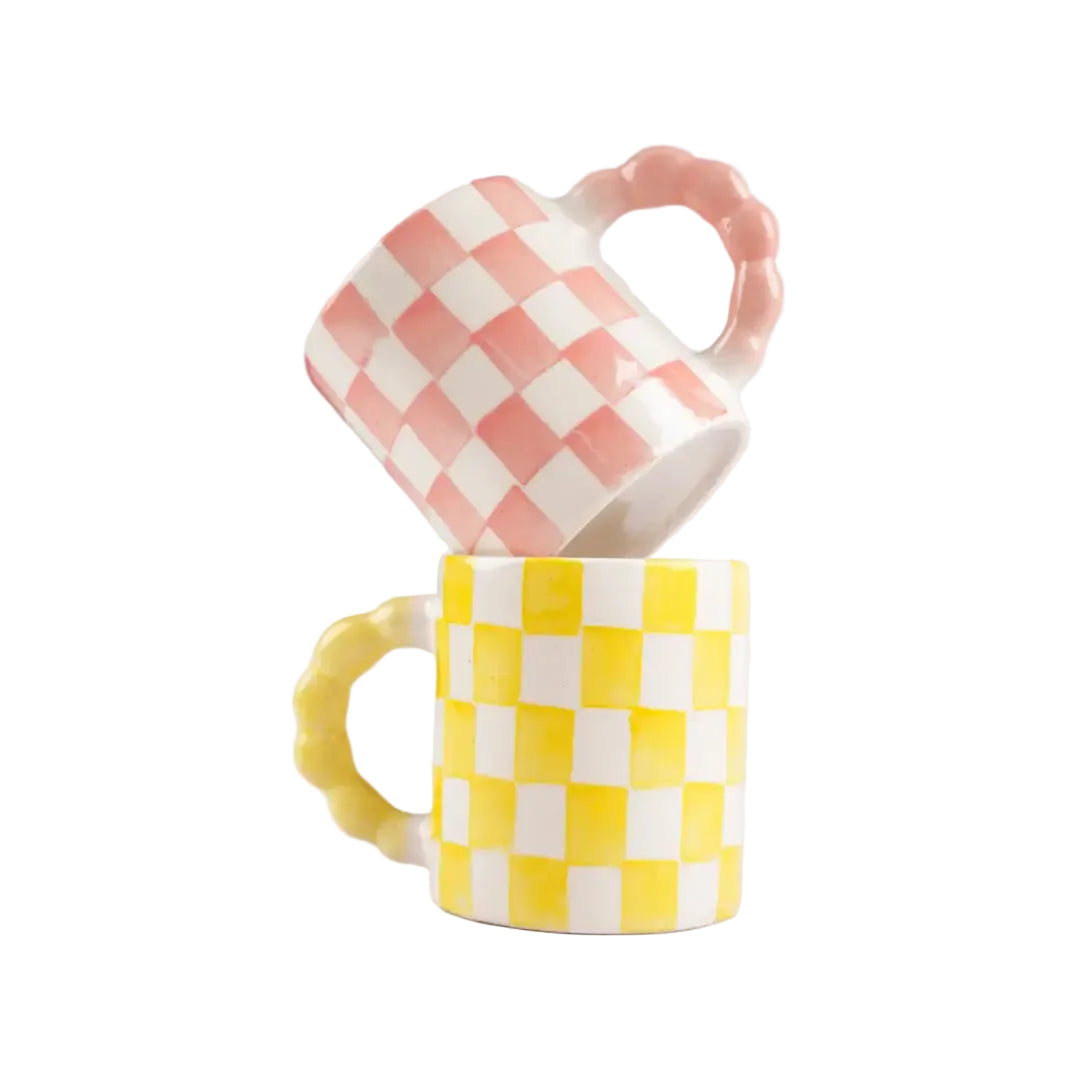 Pink Checkered Ceramic Mug , 3x3x3.5 Inches (Set of 2)