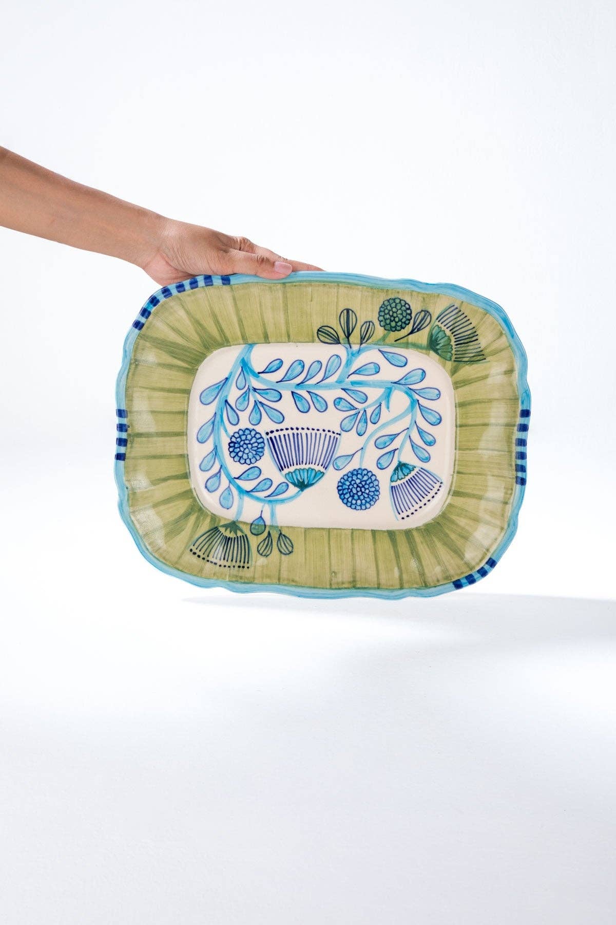 Blue Green Rain Tree Rectangular Platter | Hand-Painted | 13x10 IN