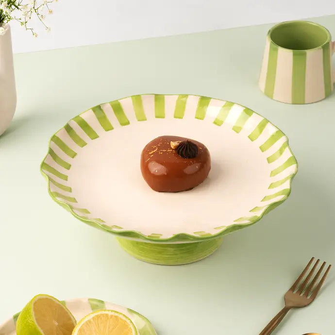 Ceramic Stripe Cake Stand, Green - 10 x 10 x 3.75 Inches