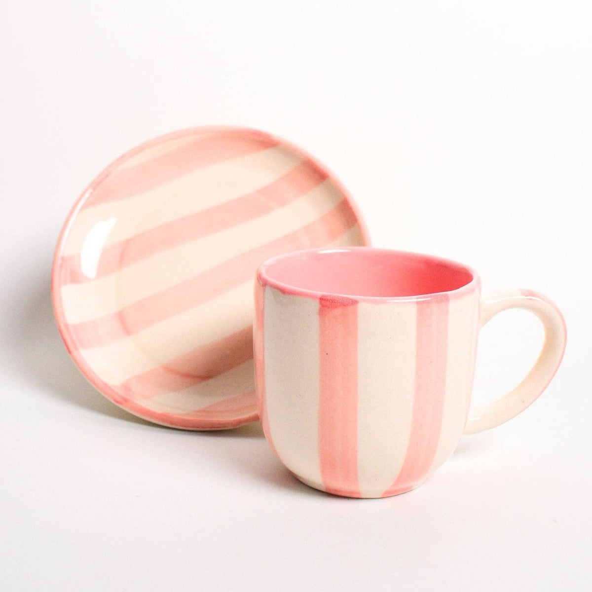 Pink Stripe Cup & Coaster Set Of 2 | Ceramic | 3 Inch