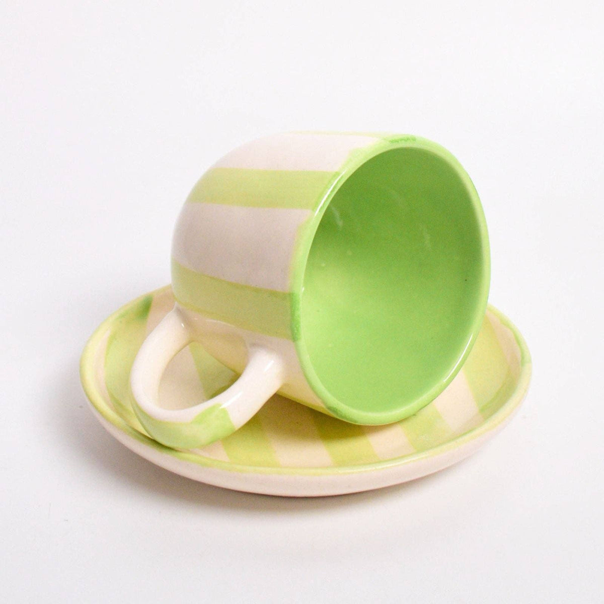 Green Stripe Cup & Coaster Set of 2 | Ceramic | 3 Inch
