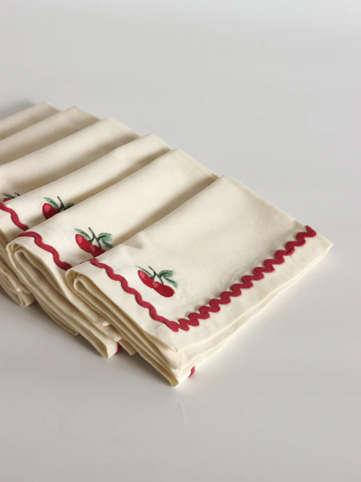 Cherry Crush Embroidered Napkins , Set of 6 - 16x16 Inches