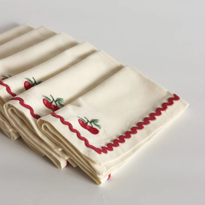 Cherry Crush Embroidered Napkins , Set of 6 - 16x16 Inches