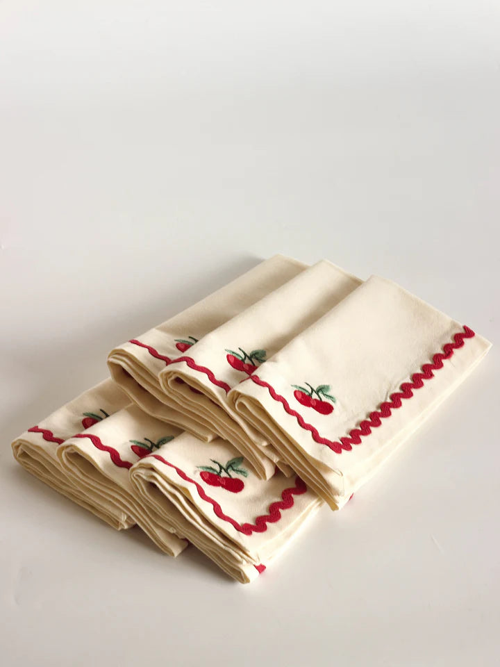 Cherry Crush Embroidered Napkins , Set of 6 - 16x16 Inches