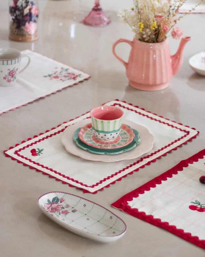Cherry Crush Embroidered Placemats , Set of 6 - 12 x 18 inches