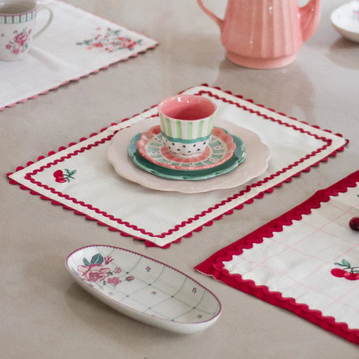 Cherry Crush Embroidered Placemats , Set of 6 - 12 x 18 inches