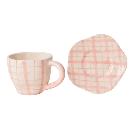 Handmade Cute Ceramic mug & Coaster Set - Plaid, 2.5 Inches (Set of 2)