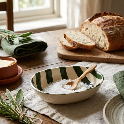 Ceramic stripe Bowl, Olive Green 7x5x2 Inches (Set of 4)