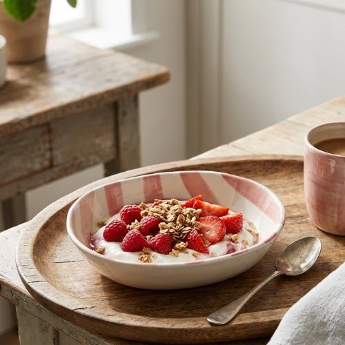Ceramic stripe Bowl, Pink 7x5x2 Inches (Set of 4)