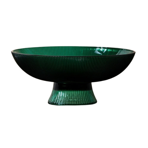 Ribbed Glass Bowl, Green -10 x 10 x 5 Inches