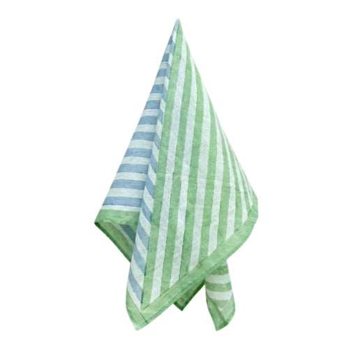 Striped Hand Block Printed Scarf , Green & Blue , 20 x 20 Inches (Set of 2)