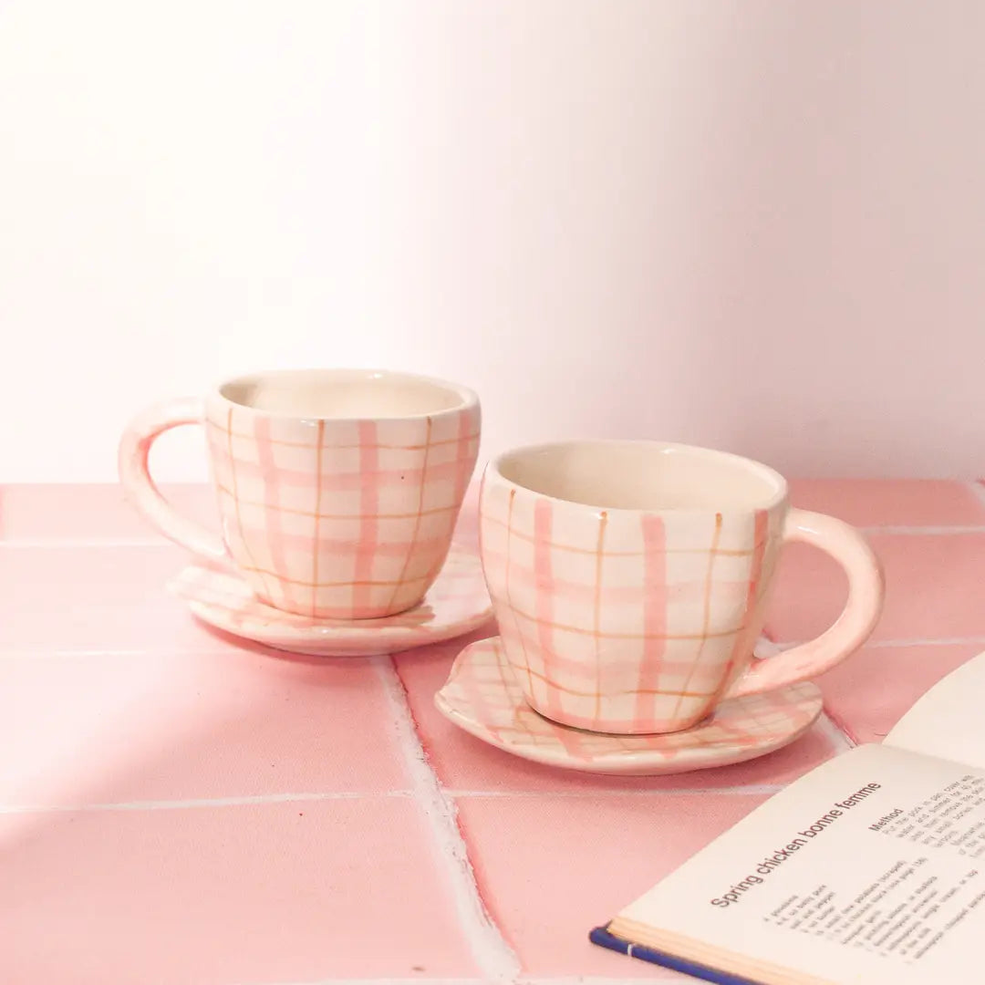 Handmade Cute Ceramic mug & Coaster Set - Plaid, 2.5 Inches (Set of 2)
