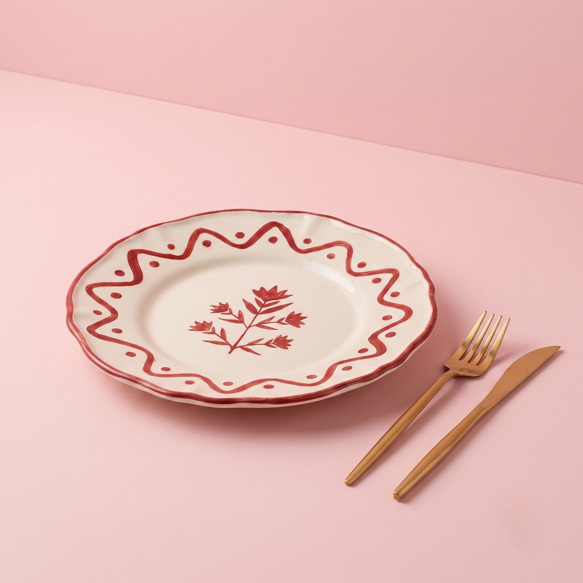 Scalloped Red Floral Snack Plate | Hand-crafted Ceramic | Set Of 2
