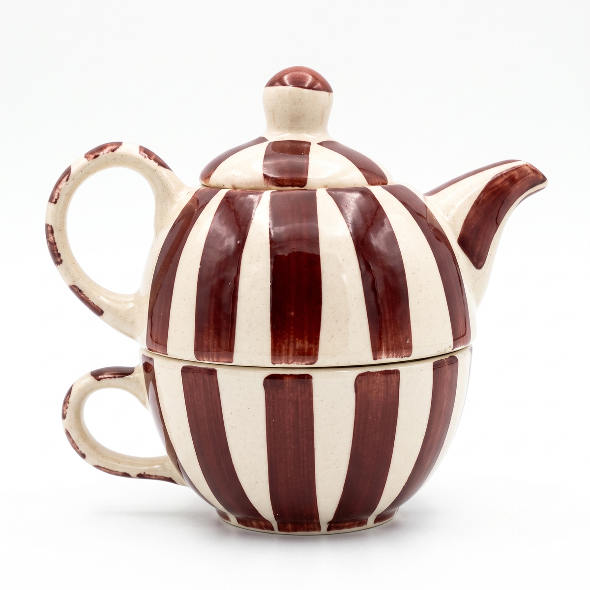 Plum Striped Kettle & Cup Set | Handpainted Ceramic | 8 in - Casa Amarosa