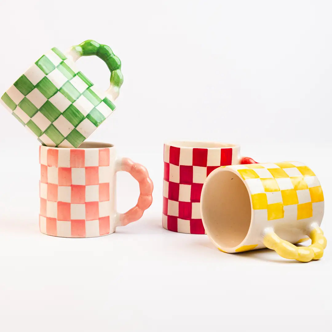 Pink Checkered Ceramic Mug , 3x3x3.5 Inches (Set of 2)